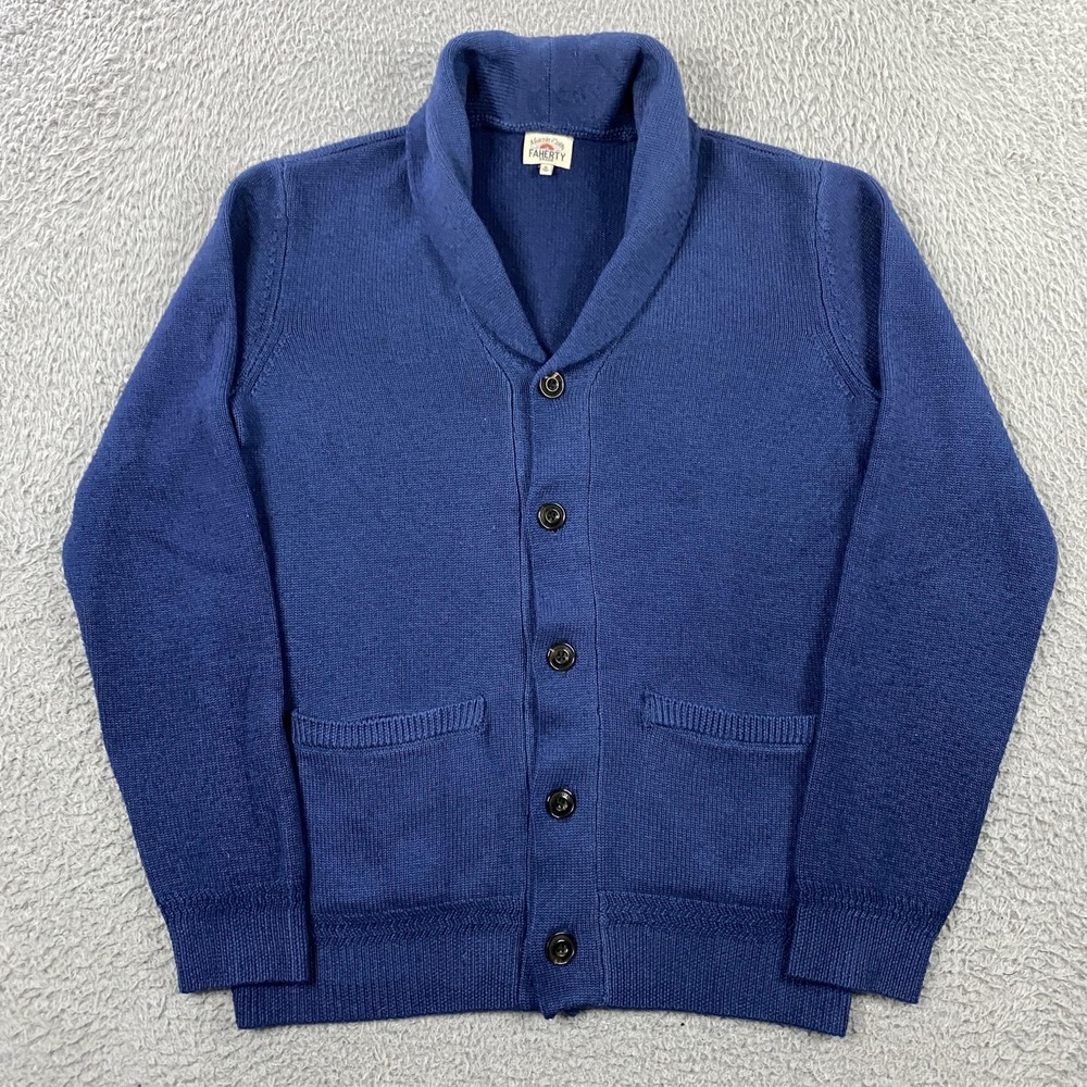 Faherty  Cardigan Sweater‎ Mens Small Indigo Blue 100% Merino Wool Shawl Collar